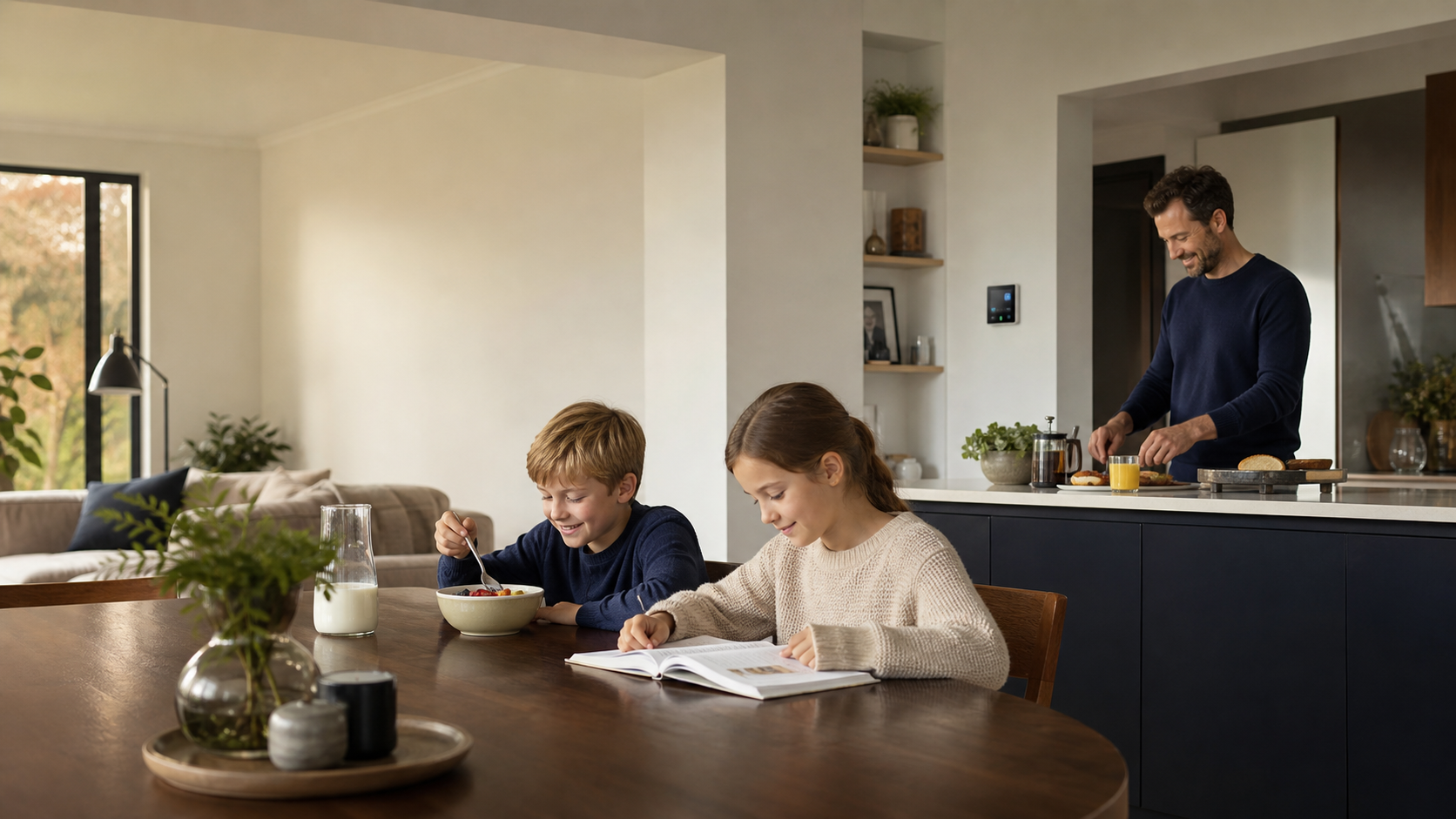 A family sharing a calm morning at home