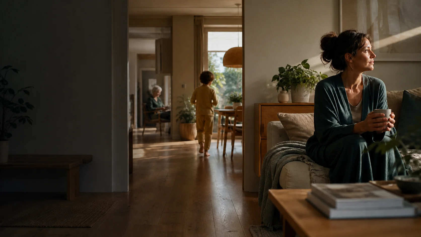 A parent and child moving through a warm, lived-in home