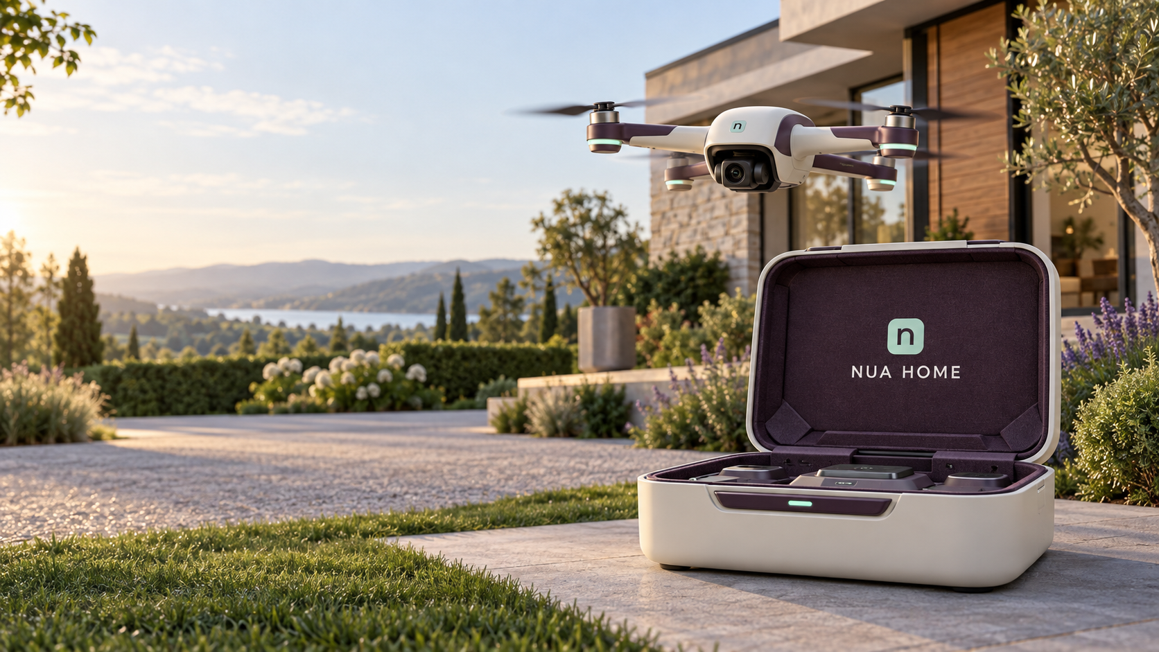 Nua Eagle drone outside above its open branded suitcase